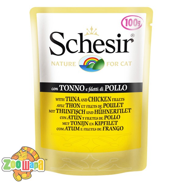 Schesir Влажный корм для кошек Tuna Chicken тунец с куриным филе в желе, пауч (100 г)