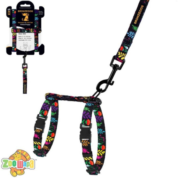 Bronzedog Шлея с Поводком для Котов и Мелких Собак  Urban Цветы Черная. Размер 2XS Обхват шеи 15-23 см. Обхват живота 15-25 см.