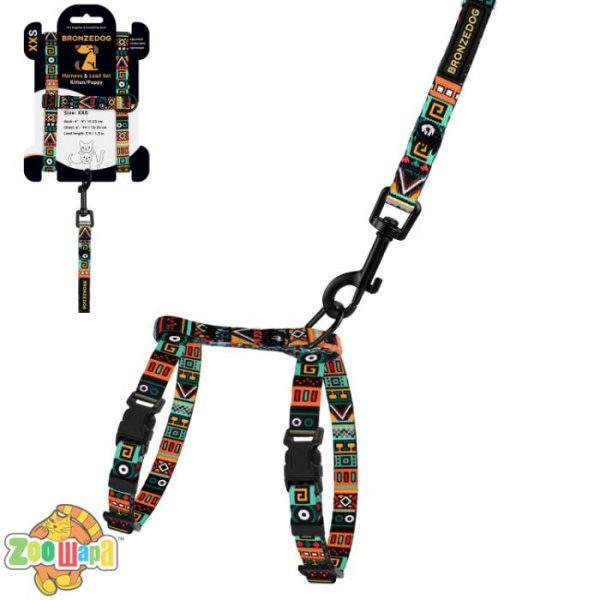 Bronzedog Шлея с Поводком для Котов и Мелких Собак  Urban Этническая Ментол. Размер 2XS Обхват шеи 15-23 см. Обхват живота 15-25 см.