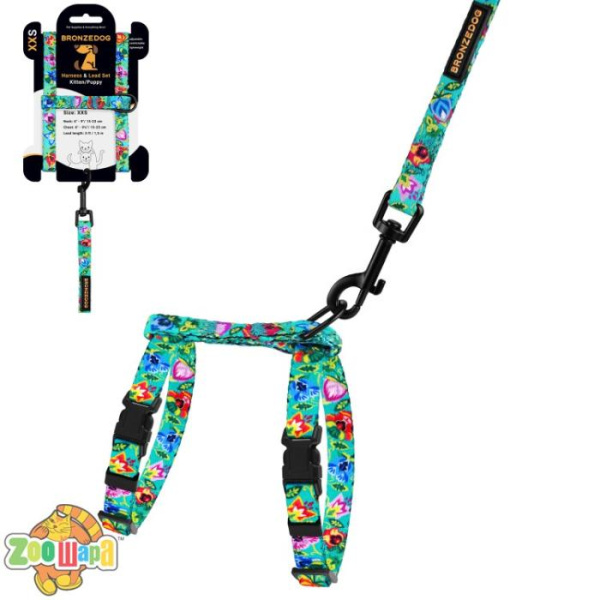 Bronzedog Шлея с Поводком для Котов и Мелких Собак  Urban Folk Ментоловая. Размер XS Обхват шеи 18-27 см. Обхват живота 23-37 см.