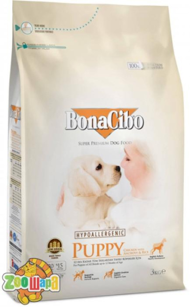 BonaCibo Сухой корм Puppy Chicken&Rice with Anchovy с мясом курицы, анчоусами и рисом  3 kg (BC406106)