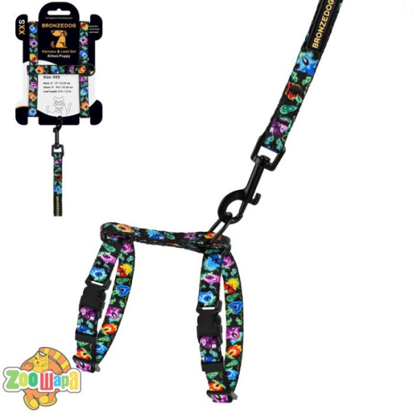 Bronzedog Шлея с Поводком для Котов и Мелких Собак  Urban Folk Чёрная. Размер 2XS Обхват шеи 15-23 см. Обхват живота 15-25 см.