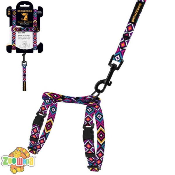 Bronzedog Шлея с Поводком для Котов и Мелких Собак  Urban Гуцульская Фиолетовая. Размер XS Обхват шеи 18-27 см. Обхват живота 23-37 см.