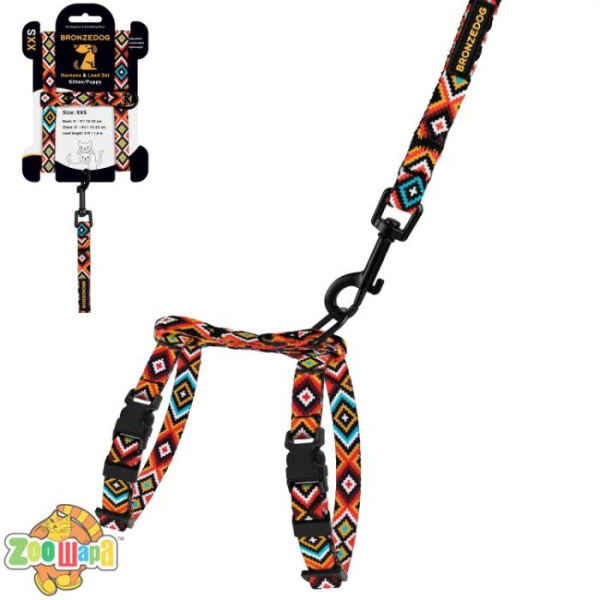 Bronzedog Шлея с Поводком для Котов и Мелких Собак  Urban Гуцульская Оранжевая. Размер 2XS Обхват шеи 15-23 см. Обхват живота 15-25 см.
