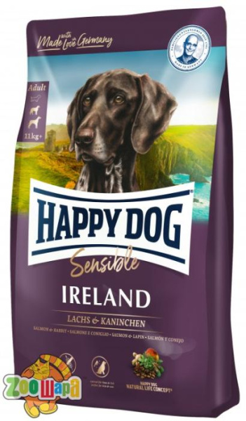 Happy Dog Сухий корм  Sensible Irеland д/дорослих собак для нормалізації линьки та собак, що мають проблеми зі шкірою з кроликом та лососем, 4 кг,3537