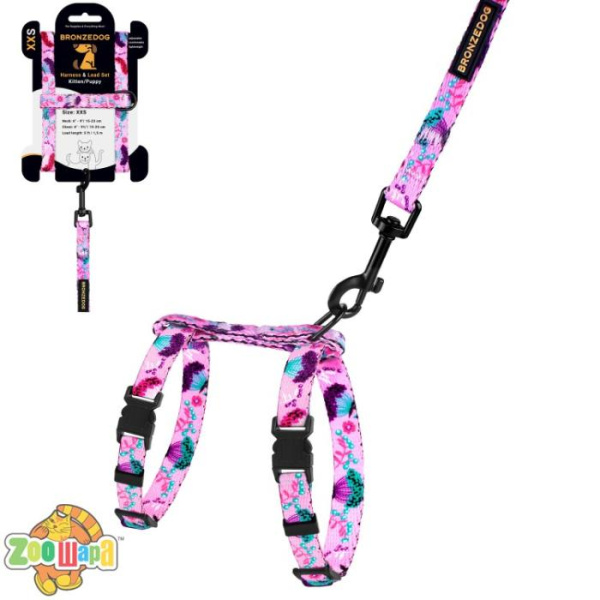Bronzedog Шлея с Поводком для Котов и Мелких Собак  Urban Цветы Розовая. Размер 2XS Обхват шеи 15-23 см. Обхват живота 15-25 см.
