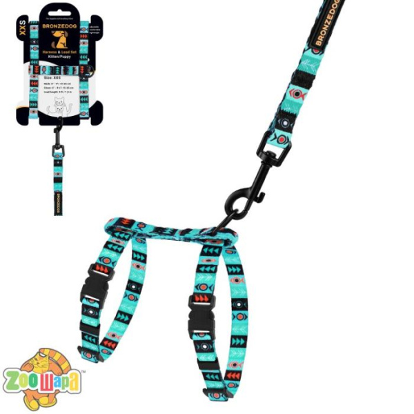 Bronzedog Шлея с Поводком для Котов и Мелких Собак  Urban Инки. Размер 2XS Обхват шеи 15-23 см. Обхват живота 15-25 см.
