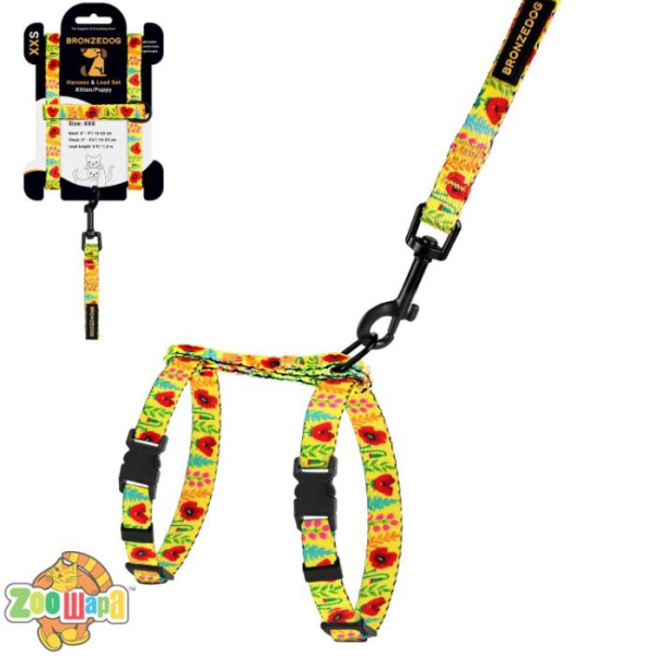 Bronzedog Шлея с Поводком для Котов и Мелких Собак  Urban Цветы Желтая. Размер 2XS Обхват шеи 15-23 см. Обхват живота 15-25 см.