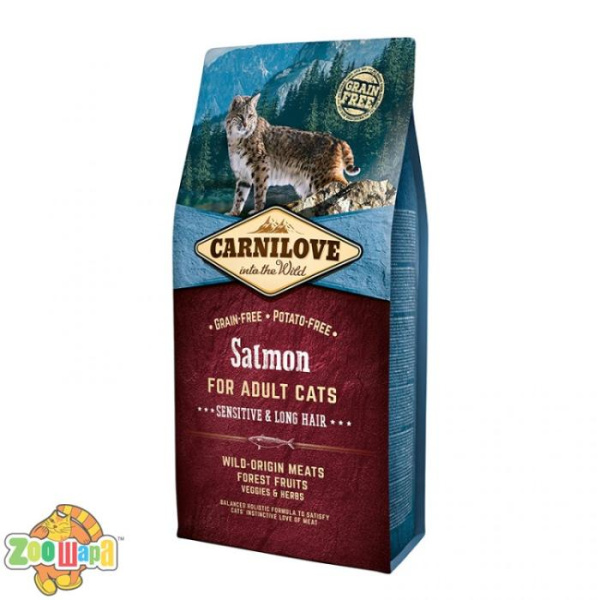 Carnilove Сухой корм для взрослых кошек с чувствительным пищеварением и для длинношерстных Salmon Sensitive & LongHair (6 кг) с лососем (170204/2270), (1111145074)