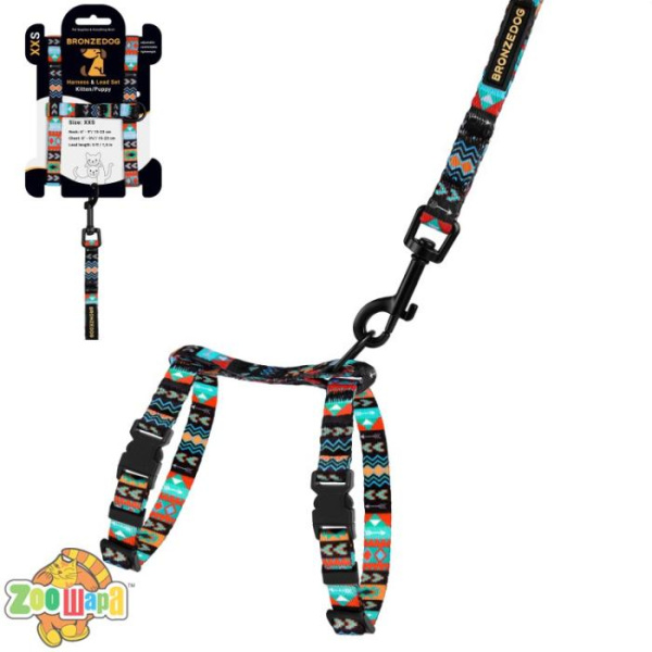 Bronzedog Шлея с Поводком для Котов и Мелких Собак  Urban Ацтеки. Размер 2XS Обхват шеи 15-23 см. Обхват живота 15-25 см.