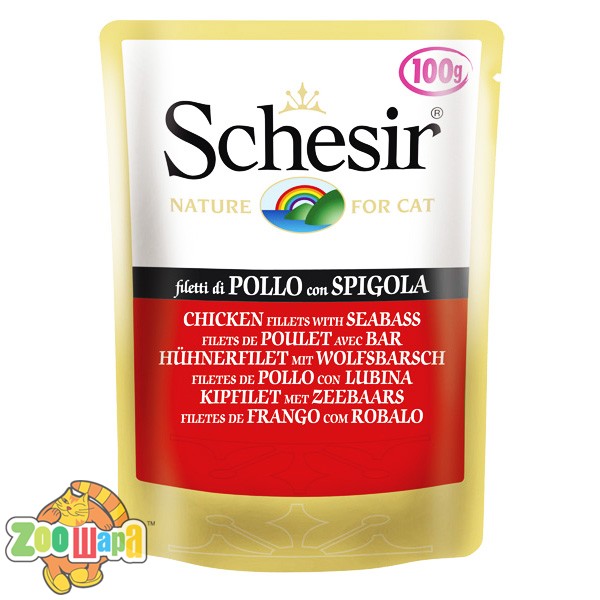 Schesir Влажный корм для кошек Chicken Seabass курица с окунем, пауч (100 г)