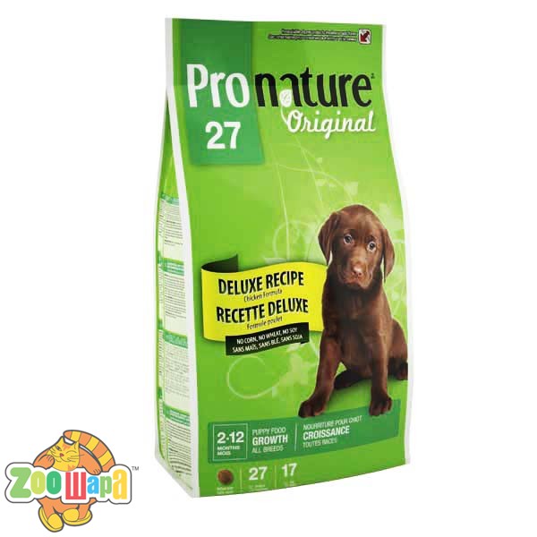 Pronature Original Сухой корм для щенков всех пород в период роста Deluxe Recipe Puppy с курицей и шпинатом (7,5 кг)