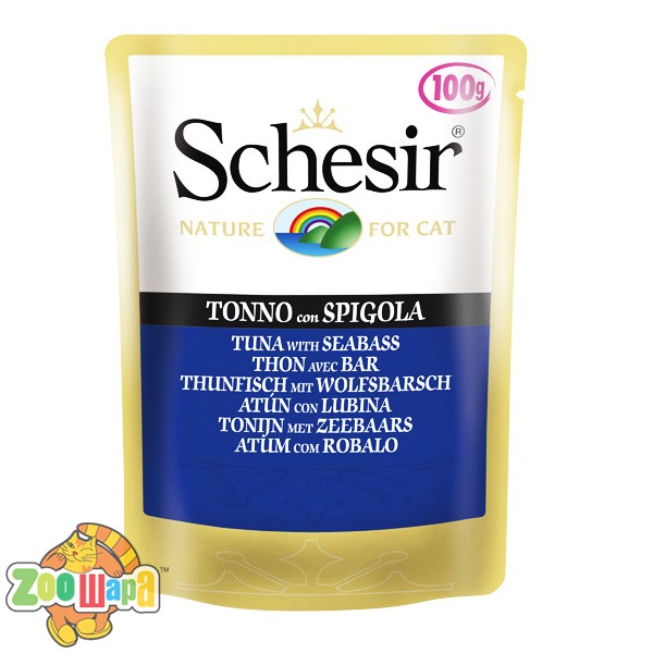 Schesir Влажный корм для кошек Tuna Seabass тунец с морским окунем в желе, пауч (100 г)