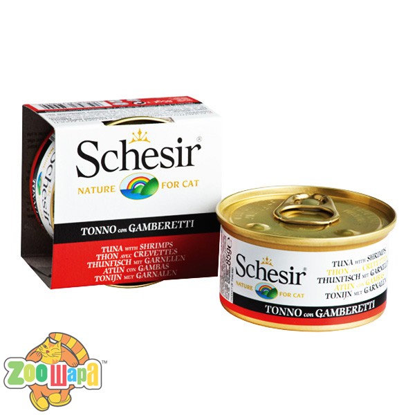 Schesir Влажный корм для кошек Tuna Prawns тунец с креветками в желе (85 г)