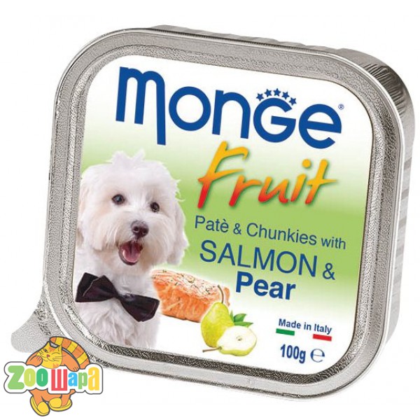 MONGE 100г. SUPERPREMIUM DOG FRUIT с лососем и грушей (паштет с кусочками мяса)