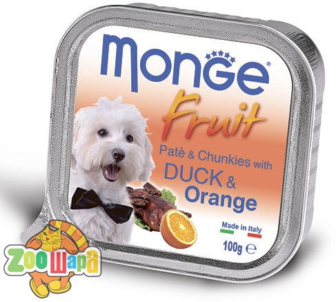 MONGE 100г. SUPERPREMIUM DOG FRUIT с уткой и апельсином (паштет с кусочками мяса)