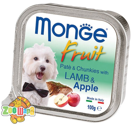 MONGE 100г. SUPERPREMIUM DOG FRUIT с ягненком и яблоком (паштет с кусочками мяса)