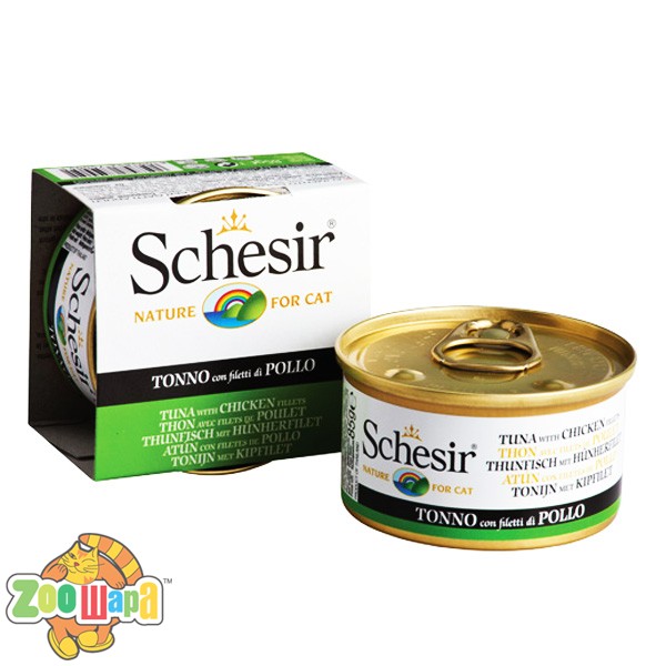 Schesir Влажный корм для кошек Tuna Chicken тунец с филе курицы в желе (85 г)