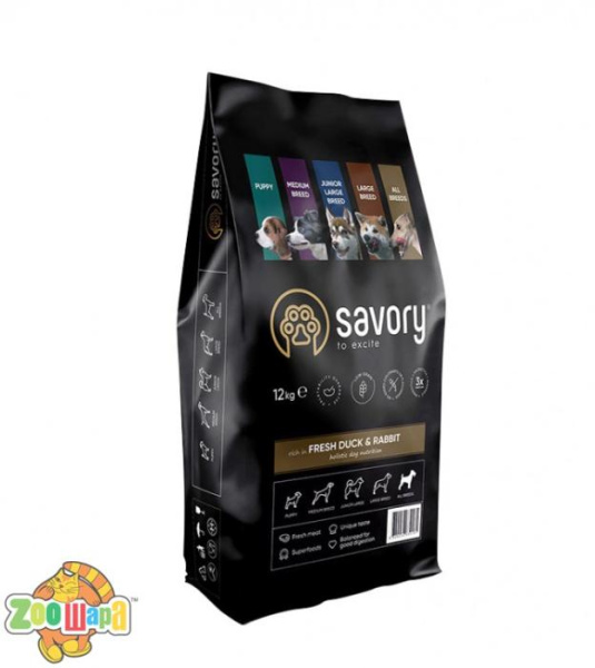 Savory Сухой корм   для собак всех пород  со свежим мясом утки и кроликом, 12 кг (30181), (1111162988)