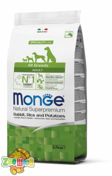 MONGE 2,5 кг. MONOPROTEIN  DOG All breeds Adult кролик с рисом  - для всех пород