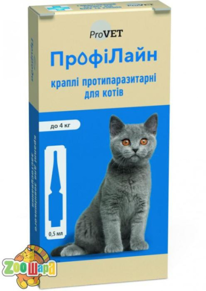 ПрофиЛайн Краплі Природа ProVET протипаразитарні, для котів до 4кг, 4 піпетки по 0.5мл арт.PR240988 (PR240988_1уп.(4пип)), (1111154982)