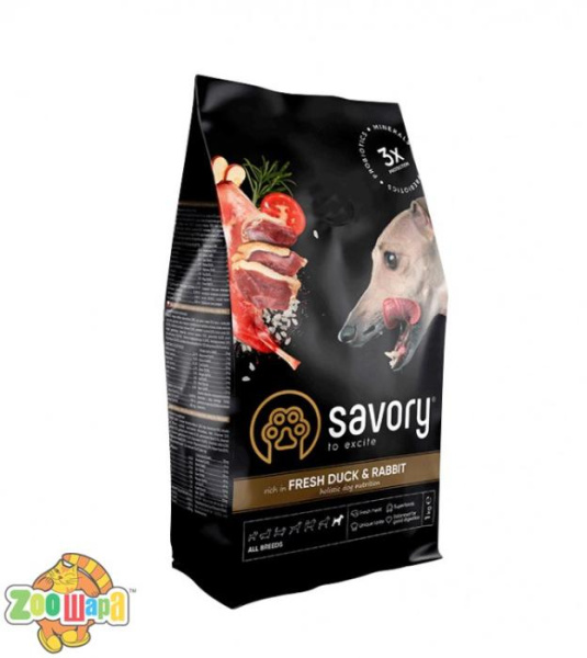 Savory Сухой корм   для собак всех пород  со свежим мясом утки и кроликом, 1 кг