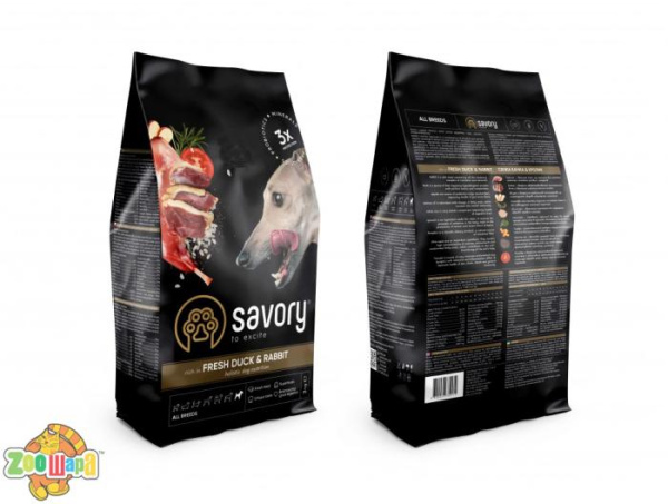 Savory Сухой корм   для собак всех пород  со свежим мясом утки и кроликом, 3 кг (30174), (1111162987)