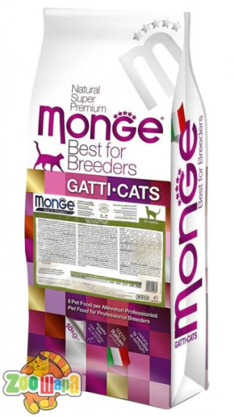 MONGE 10 кг. SUPERPREMIUM   CAT Adult Sensitive  - для взрослых котов живущих в закрытом помещении.