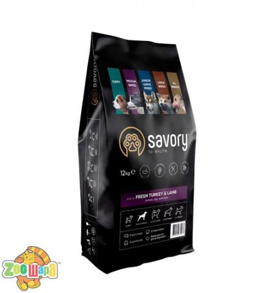 Savory Сухой корм   для собак средних пород  со свежим мясом индейки и ягненка, 12