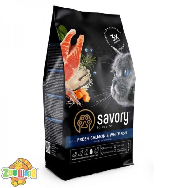 Savory Корм SAVORY сухий для довгошерстих котів зі свіжим лососем і білою рибою 0.4кг арт.30013 (30013), (1111162994)