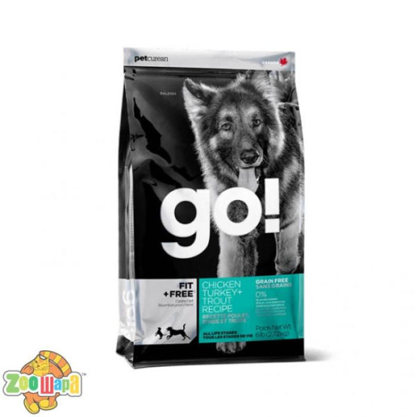 GO! Сухой корм для взрослых собак и щенков Fit + Free Chicken Turkey + Trout Recipe индейка, курица, лосось, утка (2,72 кг)