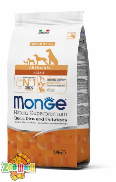 MONGE 15 кг. MONOPROTEIN  Monge DOG All breeds Adult утка с рисом - для всех пород