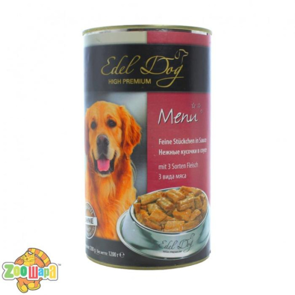 Edel Dog Dog влажный корм для собак ТРИ ВИДА МЯСА (1,2 кг) консерва (1002185/180044), (1111140253)