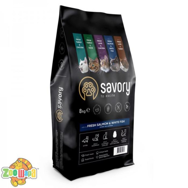 Savory Корм SAVORY сухий для довгошерстих котів зі свіжим лососем і білою рибою 8кг арт.30037 (30037), (1111162996)